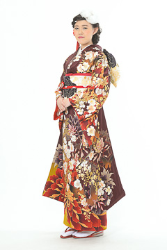 茶地花柄裾ダリア
